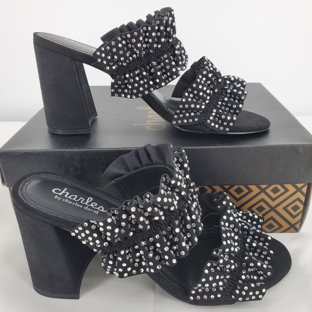 Charles by Charles David Royals Black Rhinestone Ruffle Block Heel Sandals 8M‎